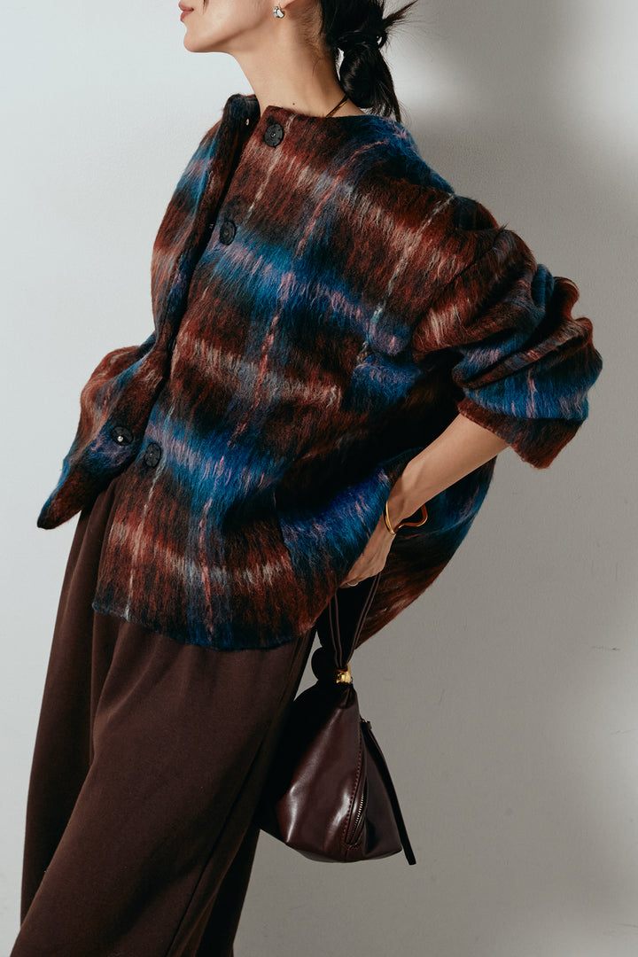 [SET]ノーカラーシャギーチェックアウター+裏起毛スウェットワイドパンツ(2set)