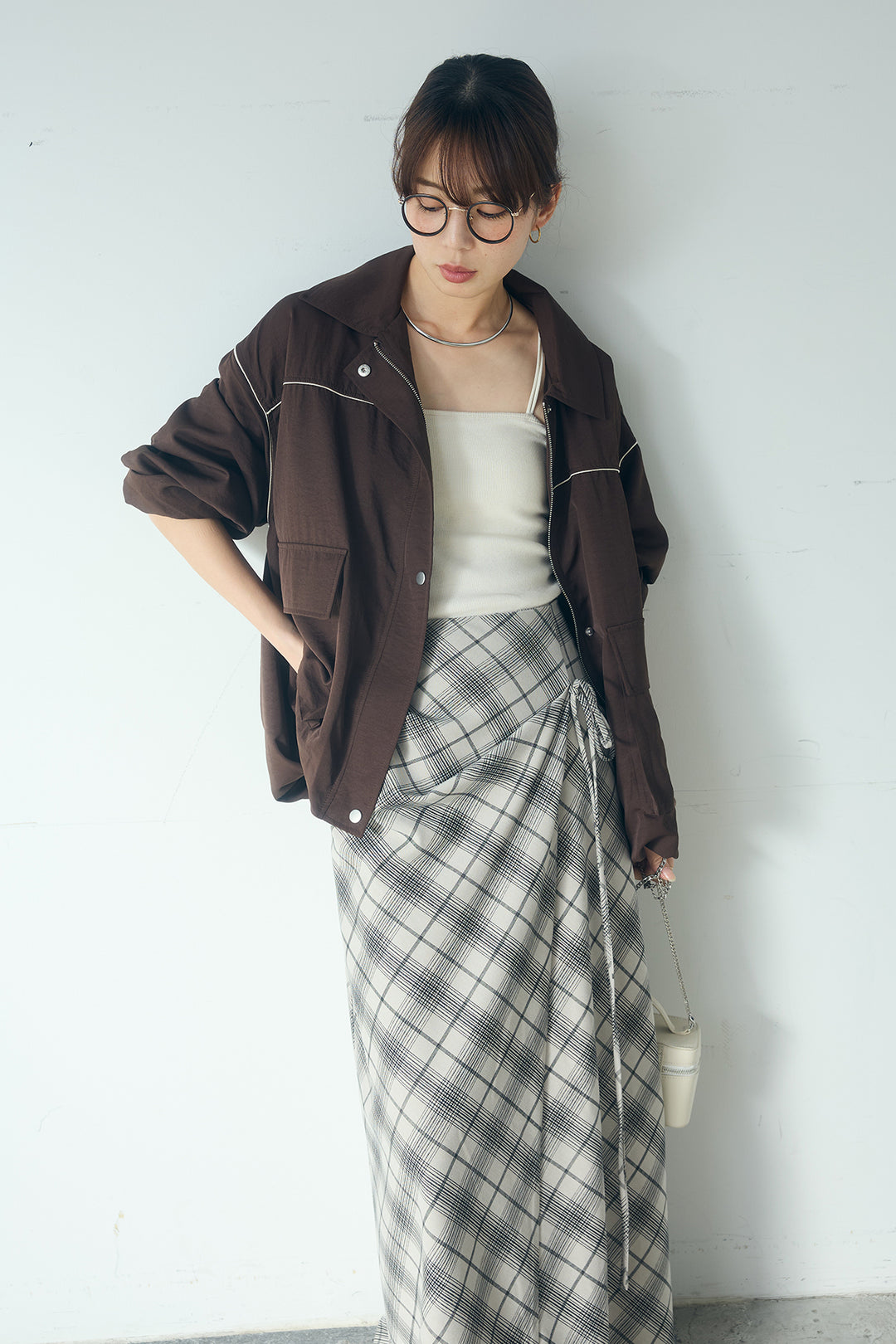 [SET]合繊ツイルバルーンジャケット+タータンチェック柄フロントデザインスカート(2set)