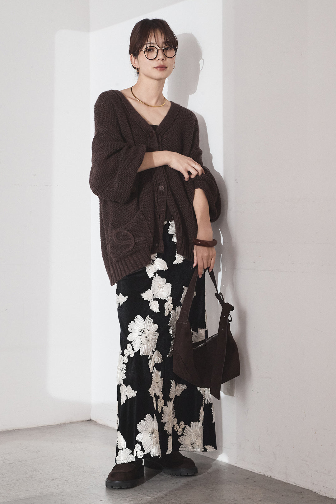 [SET]コード刺繍リラックスニットカーディガン+フラワー刺繍ワイドスカート(2set)