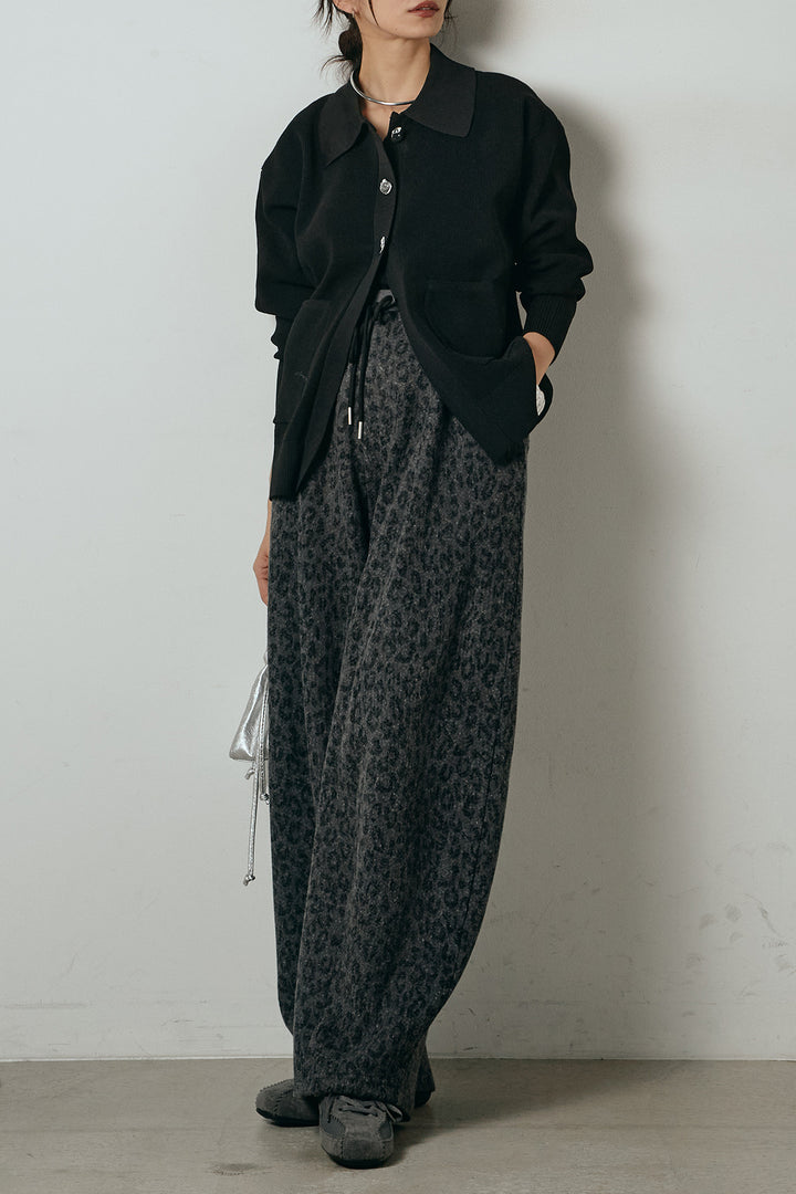 [SET]メタル釦衿付きニットカーディガン+リラックスレオパード柄ワイドパンツ(2set)