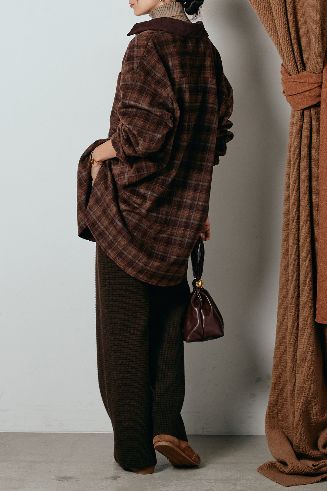 [SET]シャギーチェックシャツジャケット+ワイドリブニットイージーパンツ+リブニットシームレスタートルプルオーバー(3set)