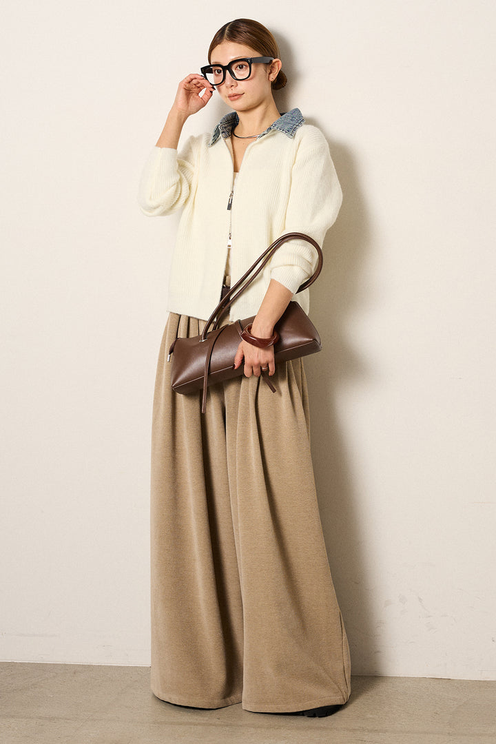 [SET]デニム襟ダブルジップニットトップス+ベルトループコーデュロイワイドパンツ(2set)