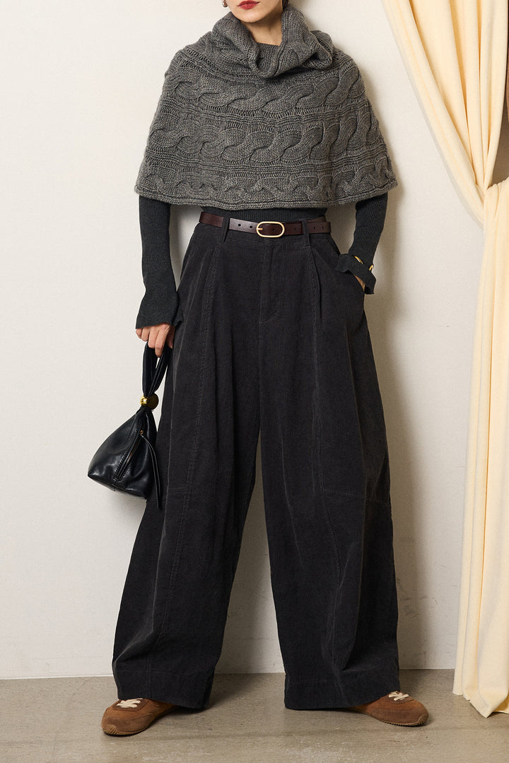 [SET]ケーブル編みケープレイヤードニット+タック入りコーデュロイワイドパンツ(2set)