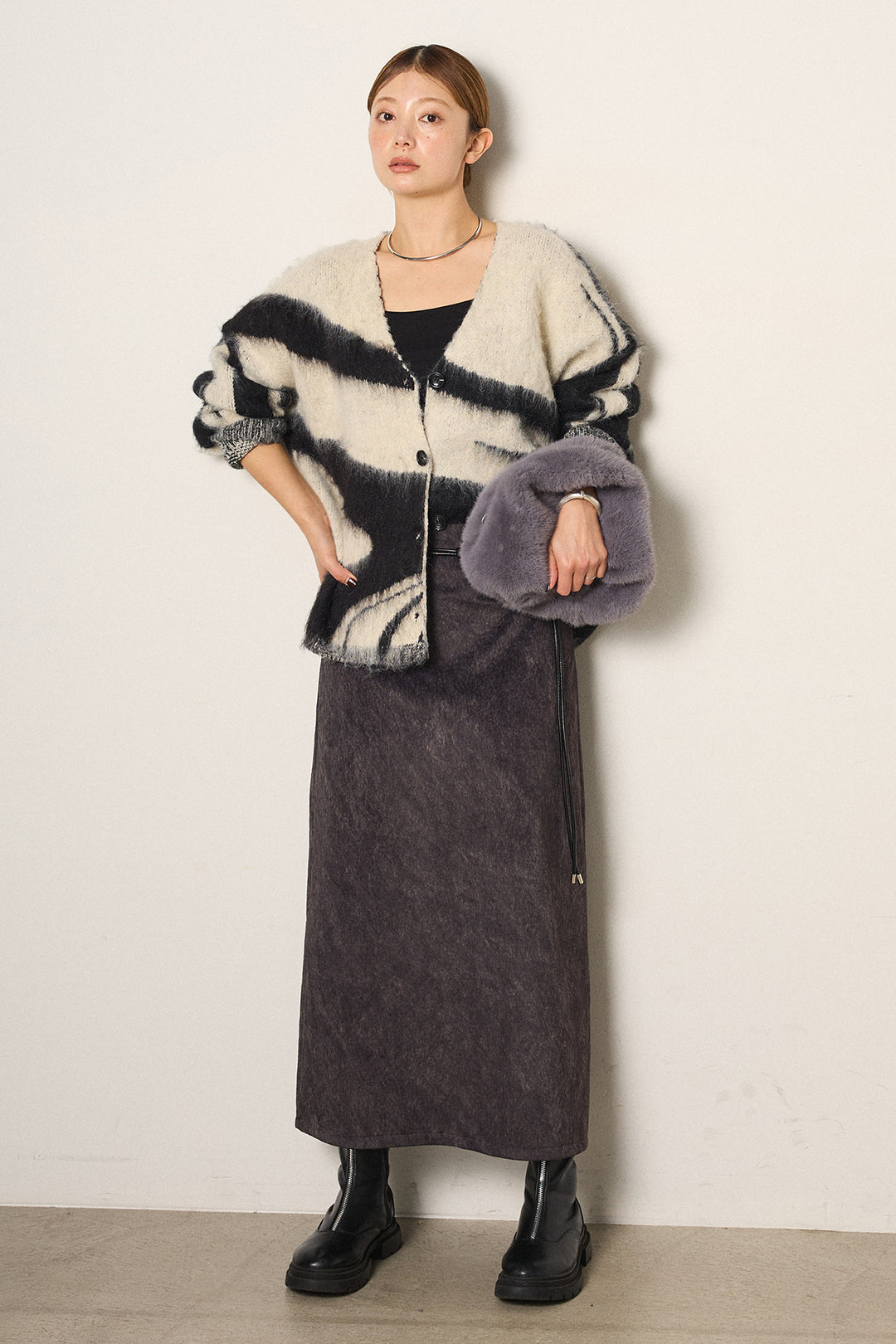 [SET]アクセントブラッシュドカーディガン+ロープベルト付きスウェード調スカート(2set)