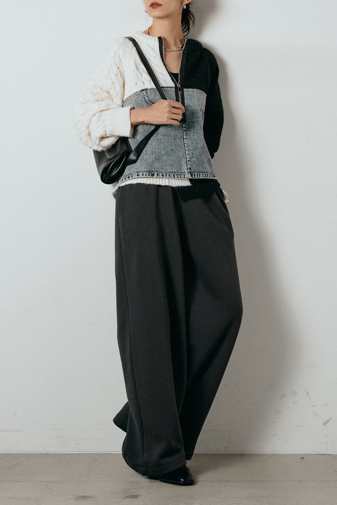 [SET]ハーフジップニットデニムドッキングトップス+裏起毛スウェットワイドパンツ(2set)