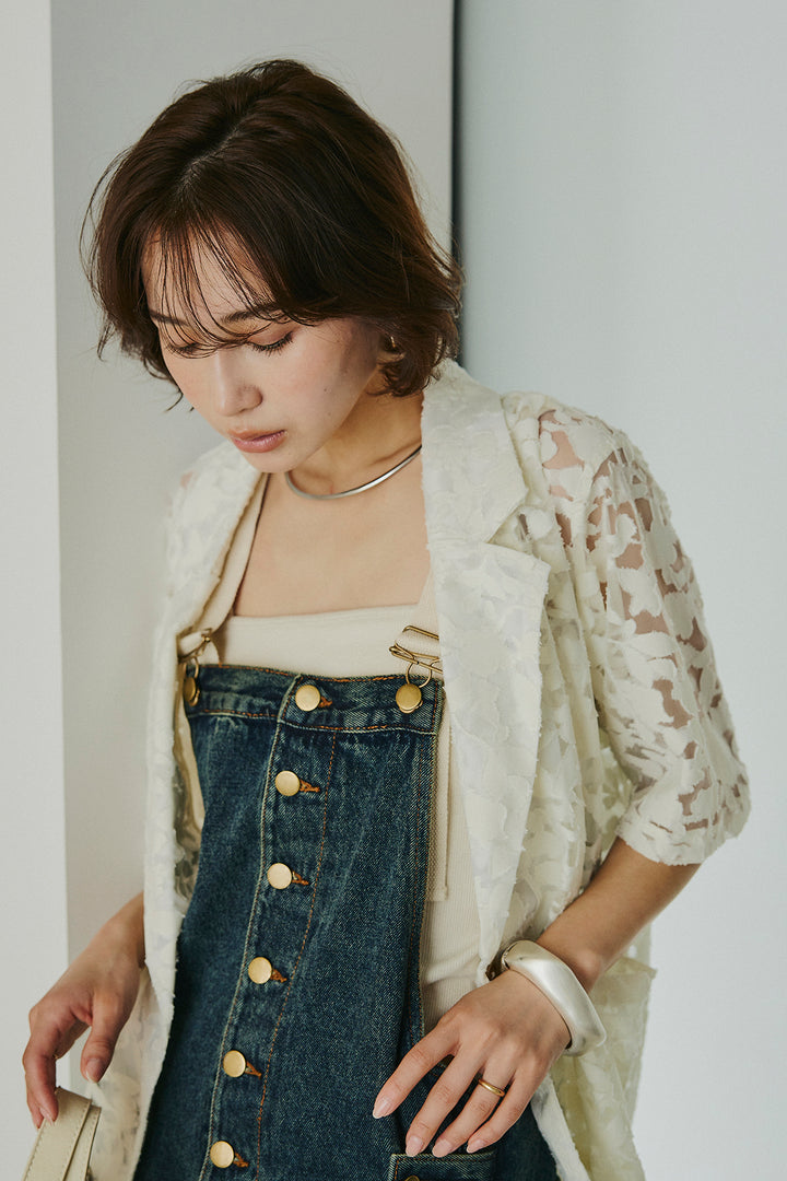 [SET]シアージャガードハーフスリーブテーラードジャケット+配色ショルダーデニムサロペットスカート(2set)