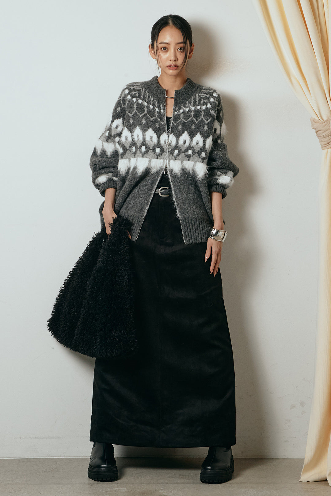 [SET]起毛ダブルジップパターンニットカーディガン+エコスウェードワイドスカート(2set)