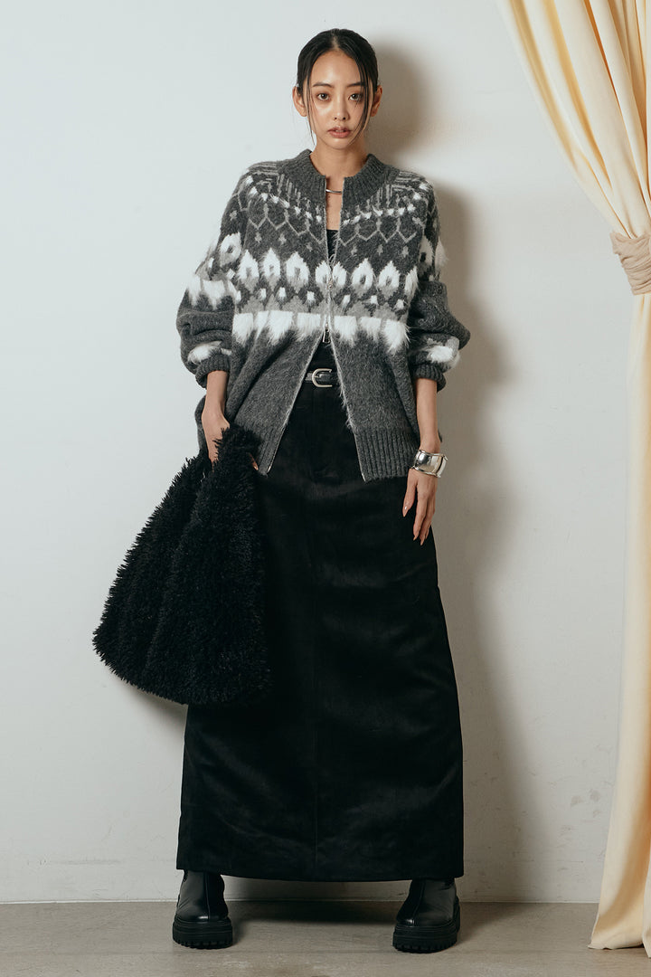 [SET]起毛ダブルジップパターンニットカーディガン+エコスウェードワイドスカート(2set)