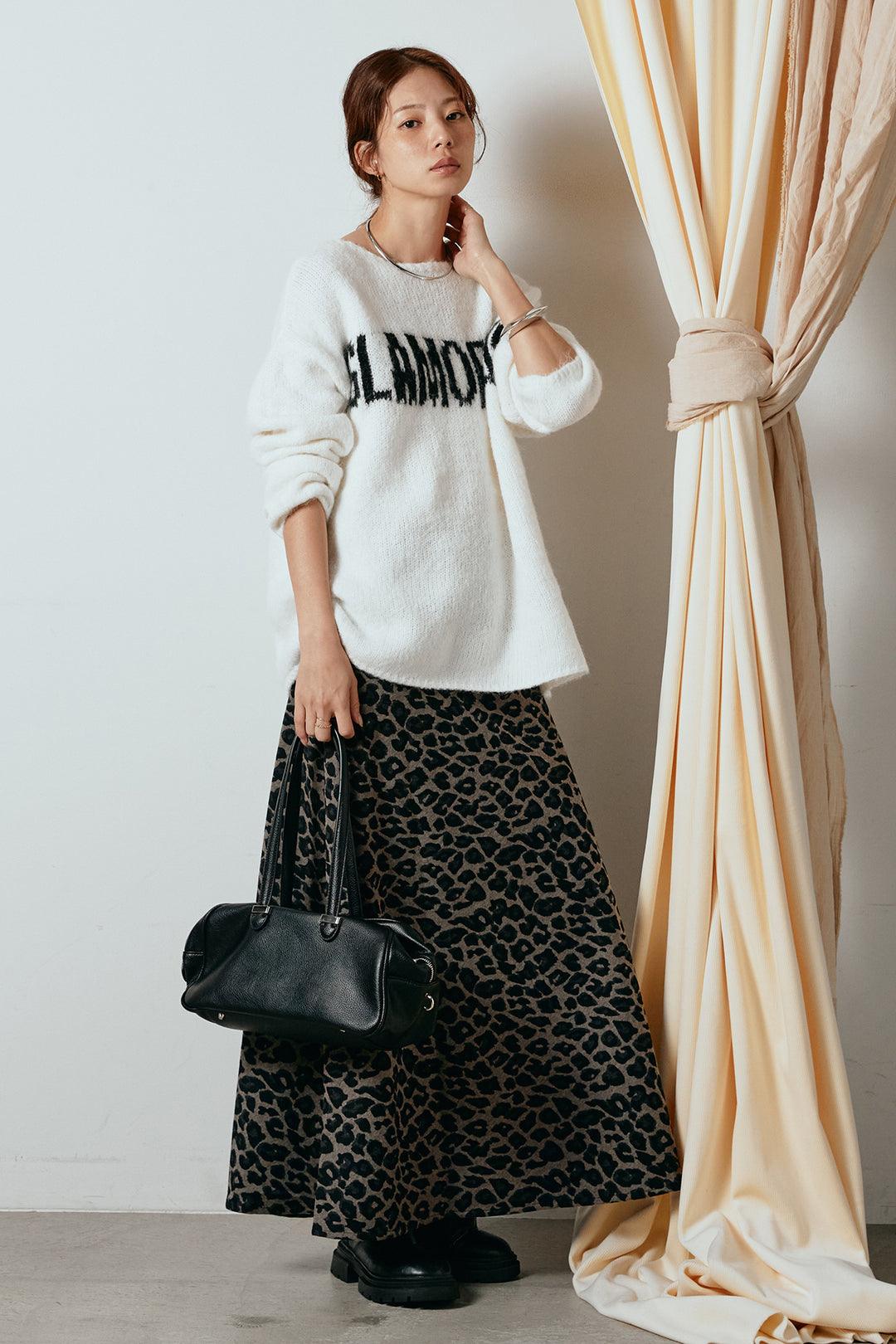 [SET]フロントロゴデザインニットトップス+レオパードロングスカート(2set)