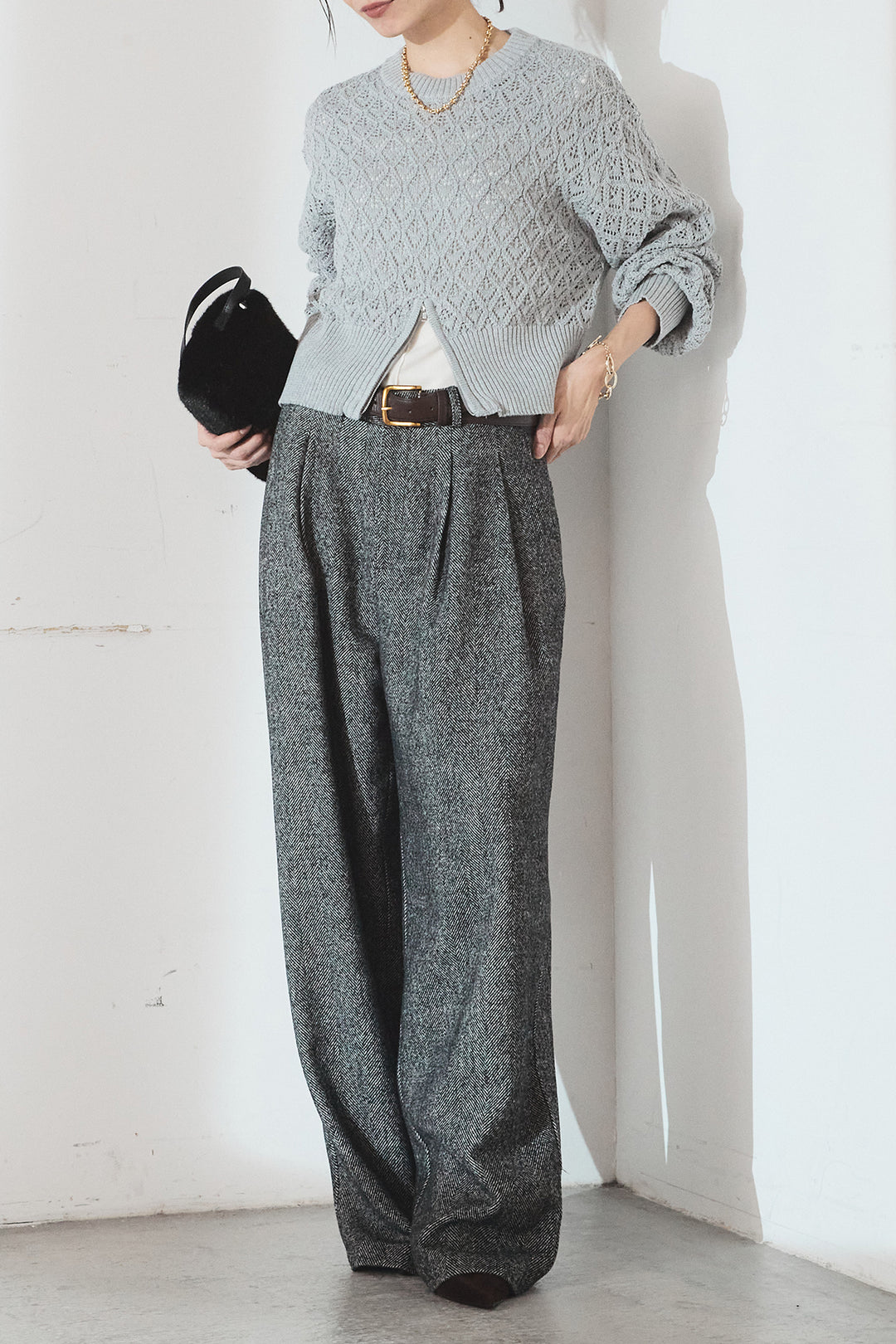 [SET]透かし編みニットジップスリットプルオーバー+タックツイードワイドパンツ(2set)