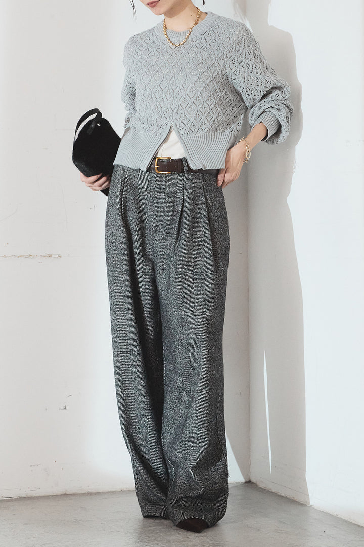 [SET]透かし編みニットジップスリットプルオーバー+タックツイードワイドパンツ(2set)