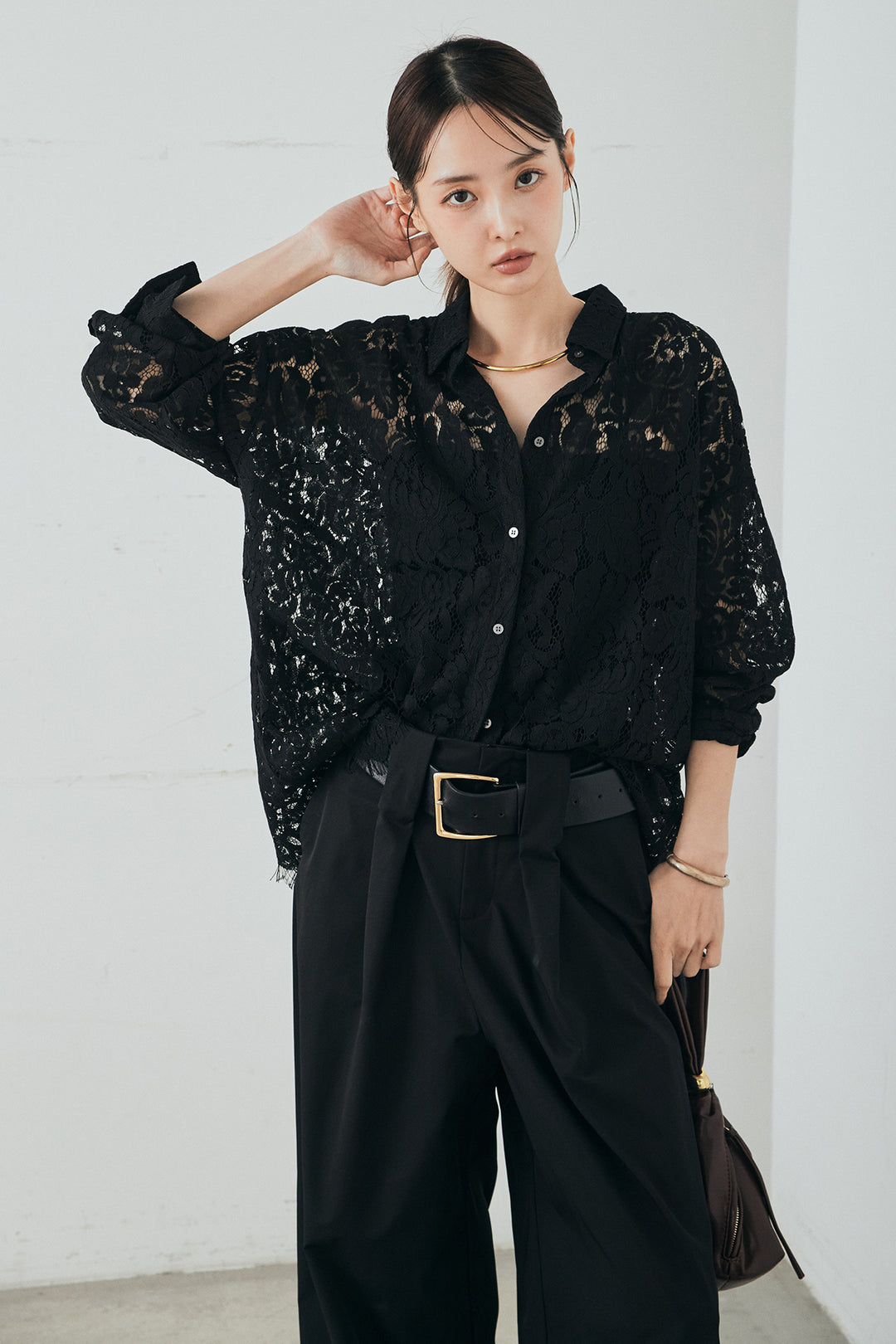 [SET]レース裾スカラップシャツ+ベルトループデザインハイウエストタックパンツ(2set)