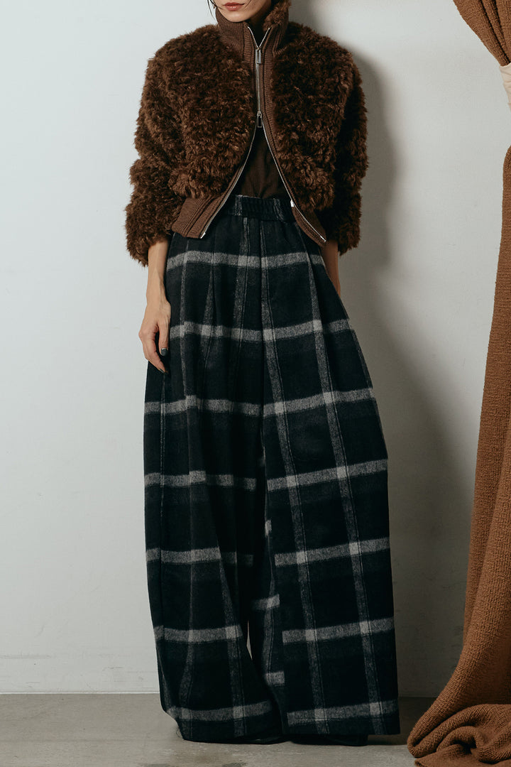 [SET]ハイネックショート丈ボアジップブルゾン+起毛タータンチェック柄ワイドパンツ(2set)