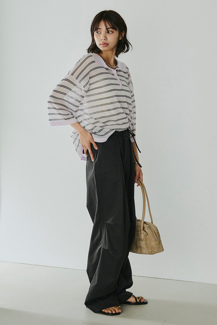 [SET]ボーダーニットポロシャツ+ニーサイドタックウエストドロスパンツ(2set)