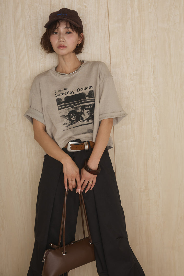 [SET]グラフィックサムデイワイドクロップドT+ニーサイドタックウエストドロストパンツ(2set)