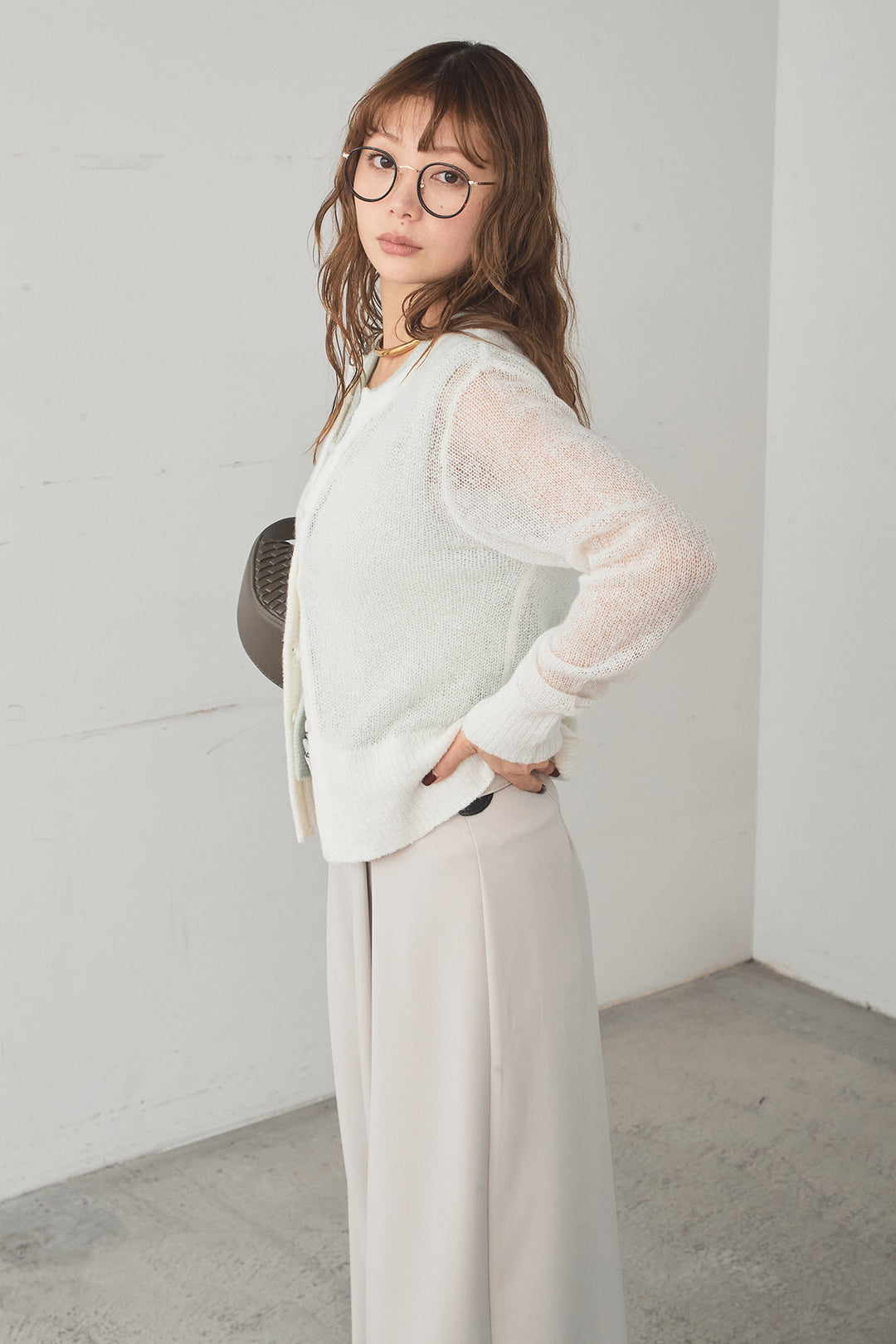 [SET]モヘア透かし編みレイヤードアンサンブルセット+ベルト付きツータックワイドパンツ(2set)