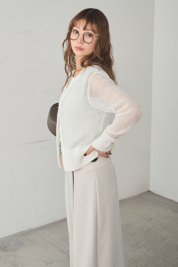 [SET]モヘア透かし編みレイヤードアンサンブルセット+ベルト付きツータックワイドパンツ(2set)