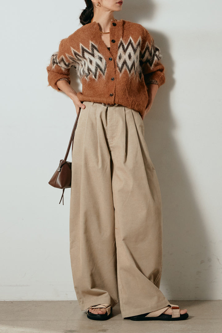 [SET]起毛ノルディック柄ニットカーディガン+フロントタック入りコーデュロイパンツ(2set)