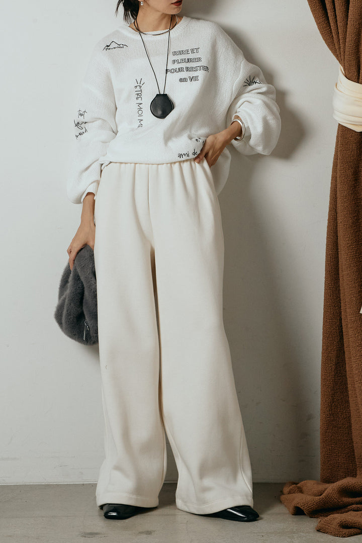 [SET]刺繍ロゴランダムデザインニットトップス+裏起毛スウェットワイドパンツ(2set)