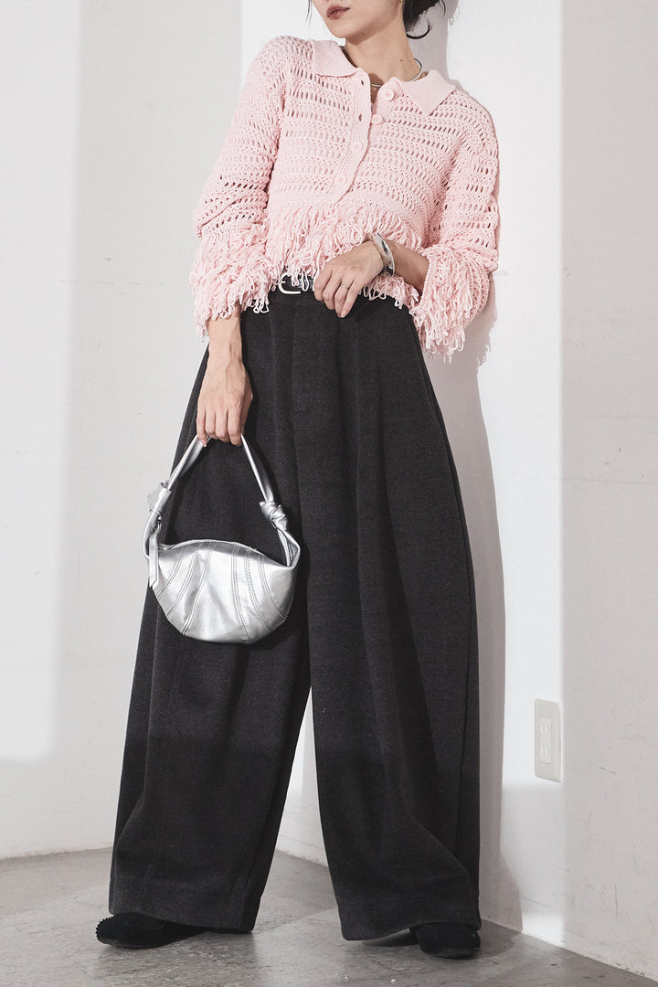 [SET]メッシュフリンジカーディガン+ウールタッチカーブワイドパンツ(2set)