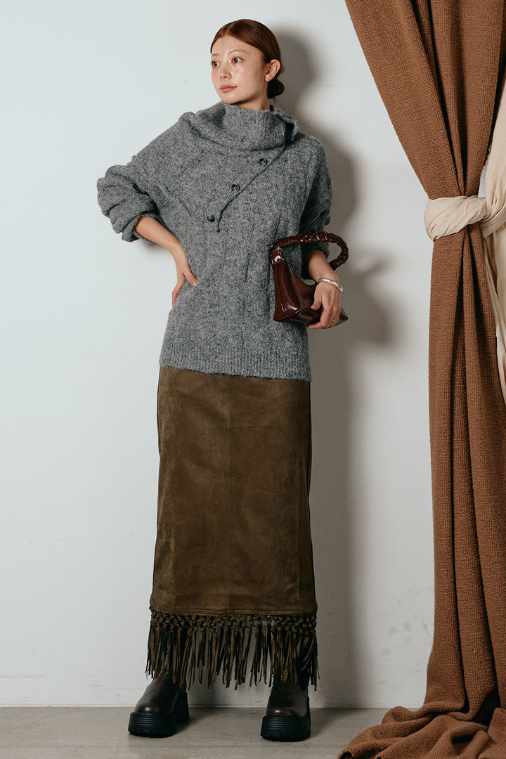 [SET]ケープデザインケーブルニットトップス+スウェードライク裾フリンジスカート(2set)