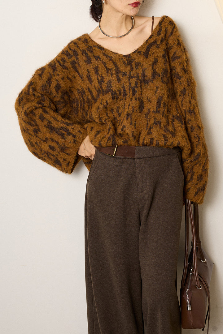 [SET]フラッフィーレオパードシャギーニット+サイドベルトパンツ(2set)