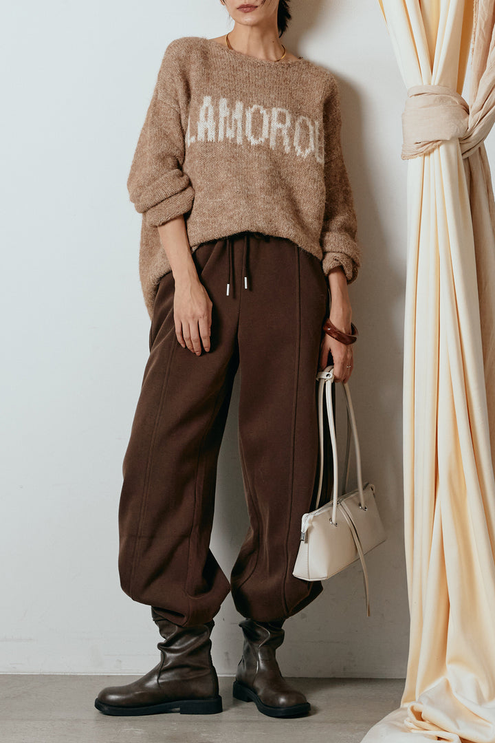 [SET]フロントロゴデザインニットトップス+スウェットワイドカーブパンツ(2set)