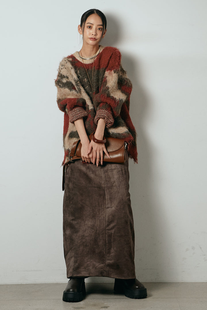 [SET]起毛裾デザインニュアンス柄ニットトップス+エコスウェードワイドスカート(2set)