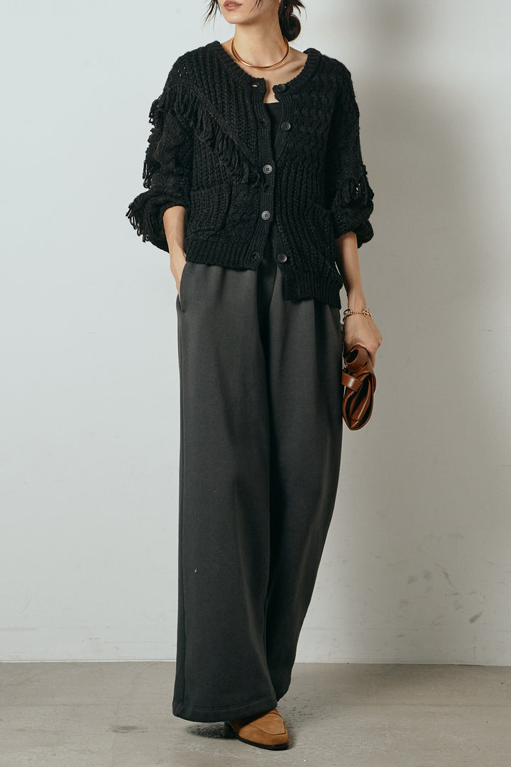 [SET]ランダムフリンジニットカーディガン+裏起毛スウェットワイドパンツ(2set)