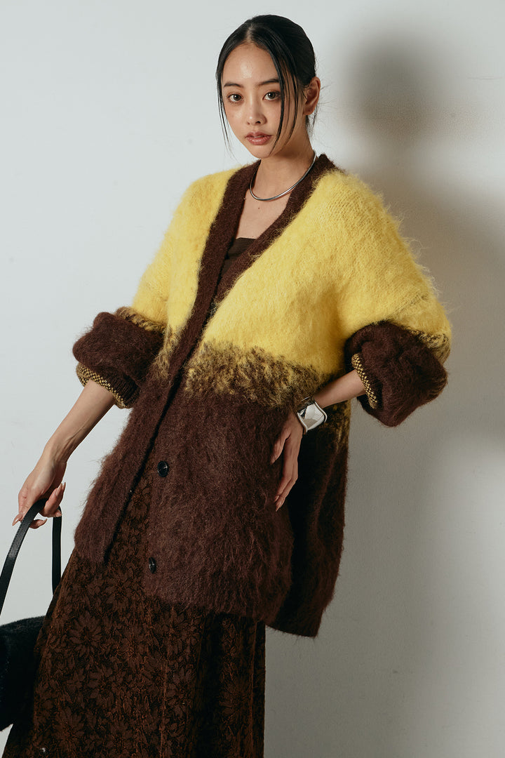 [SET]起毛グラデーションニットカーディガン+花柄刺繍ベロアフレアスカート(2set)