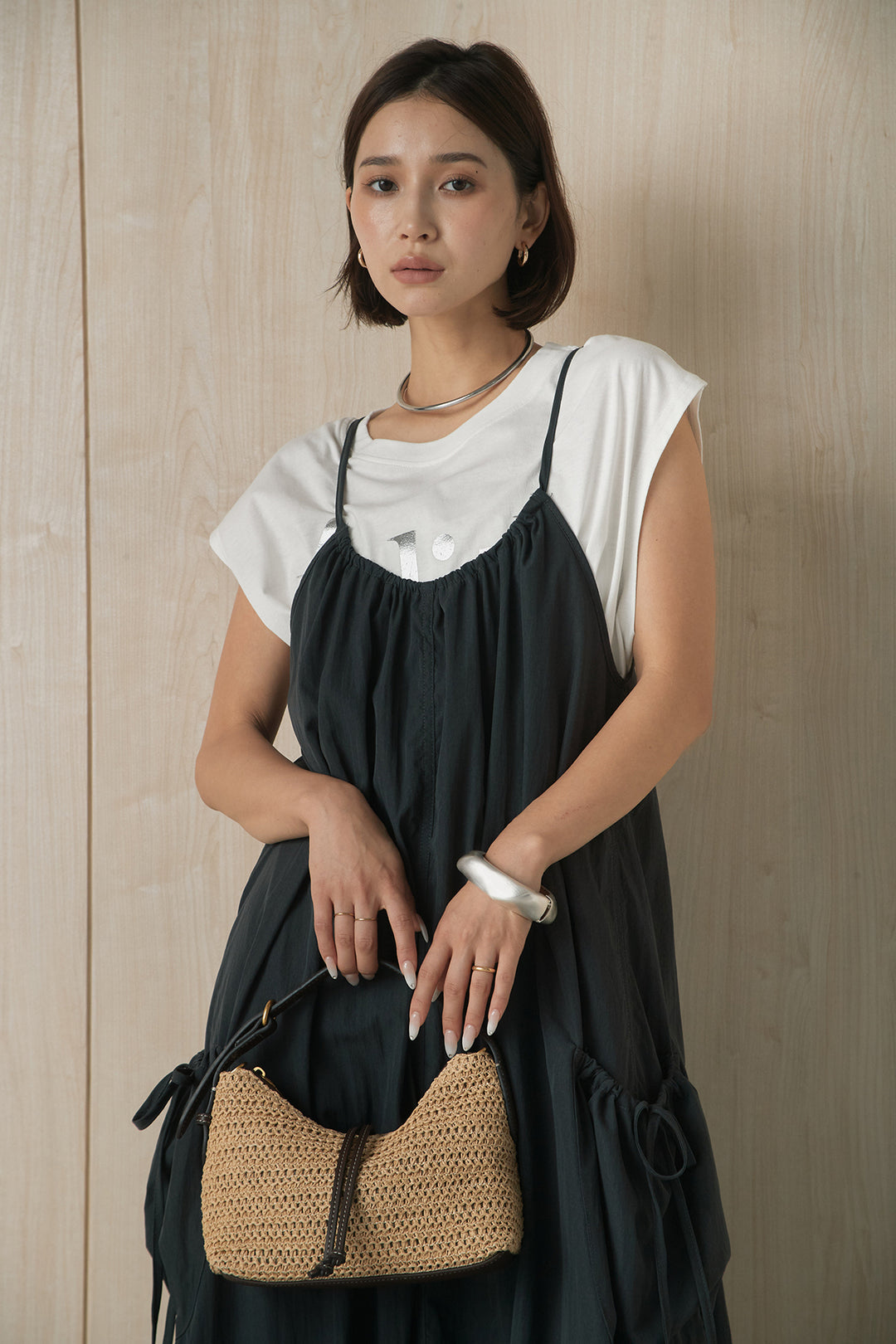 [SET]ビッグロゴプリントTシャツ+ポケット付きワッシャーキャミワンピ(2set)