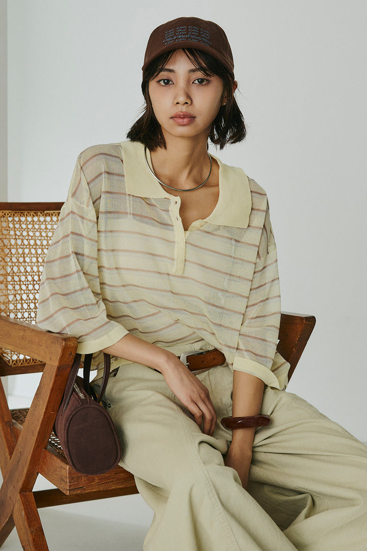 [SET]ボーダーニットポロシャツ+サイドベルトカーブワイドパンツ(2set)