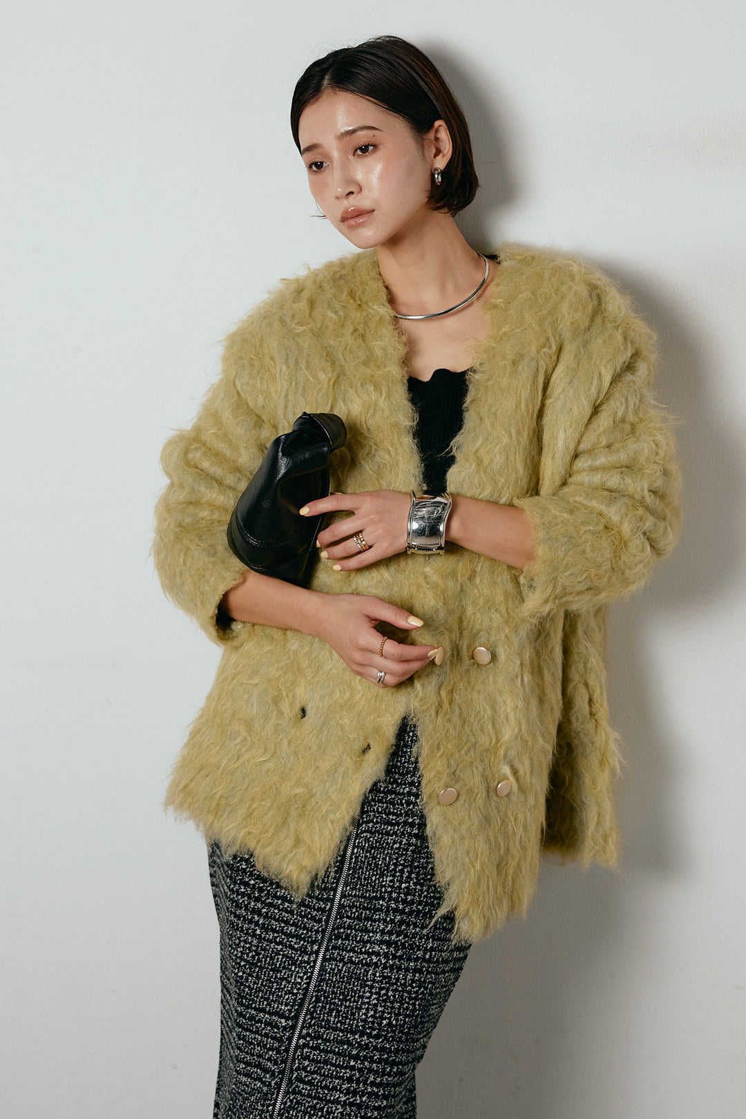 [SET]ウェーブシャギーニットジャケット+グレンチェック柄フロントジップタイトスカート(2set)