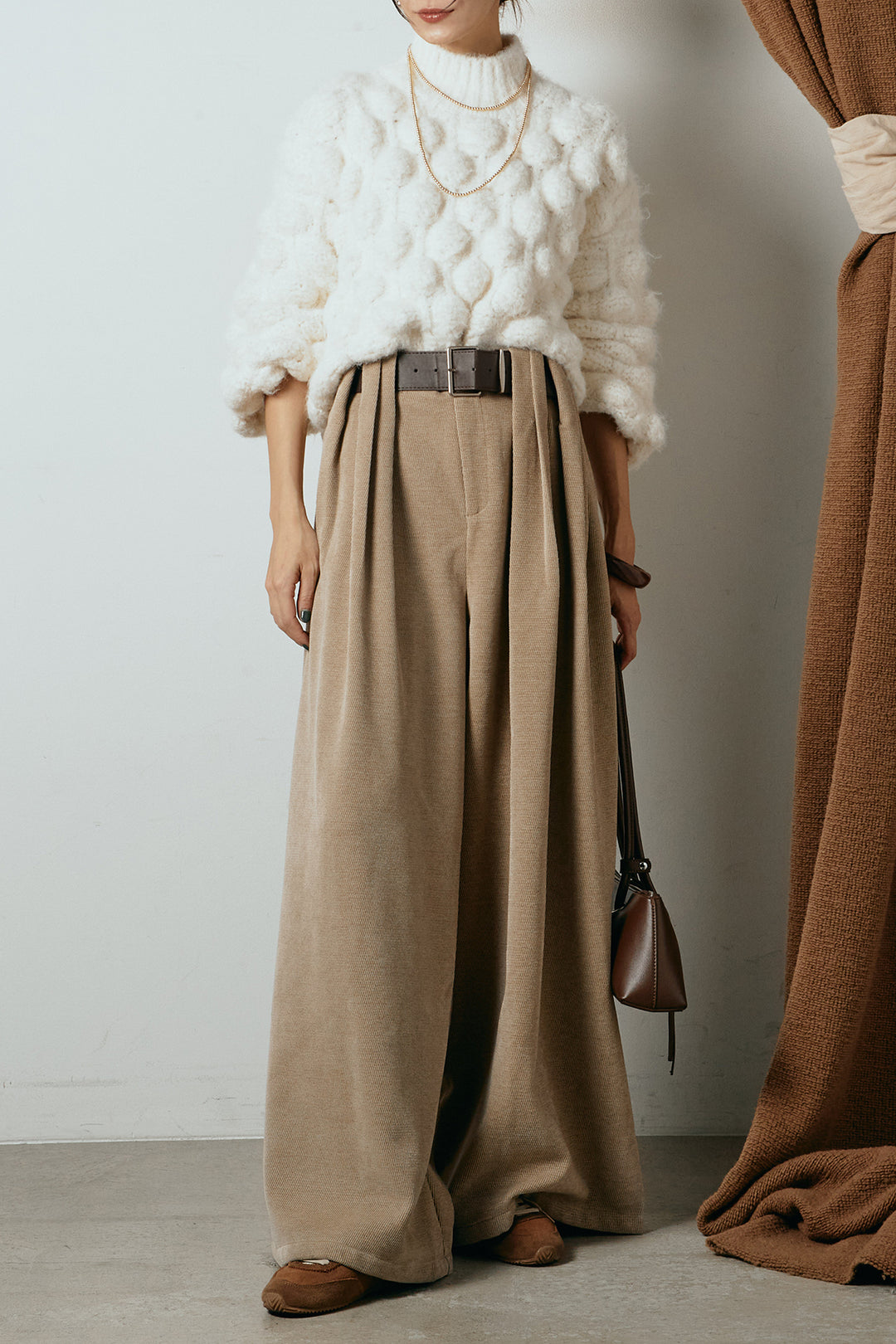 [SET]ボリュームポップコーンニットトップス+ベルトループコーデュロイワイドパンツ(2set)
