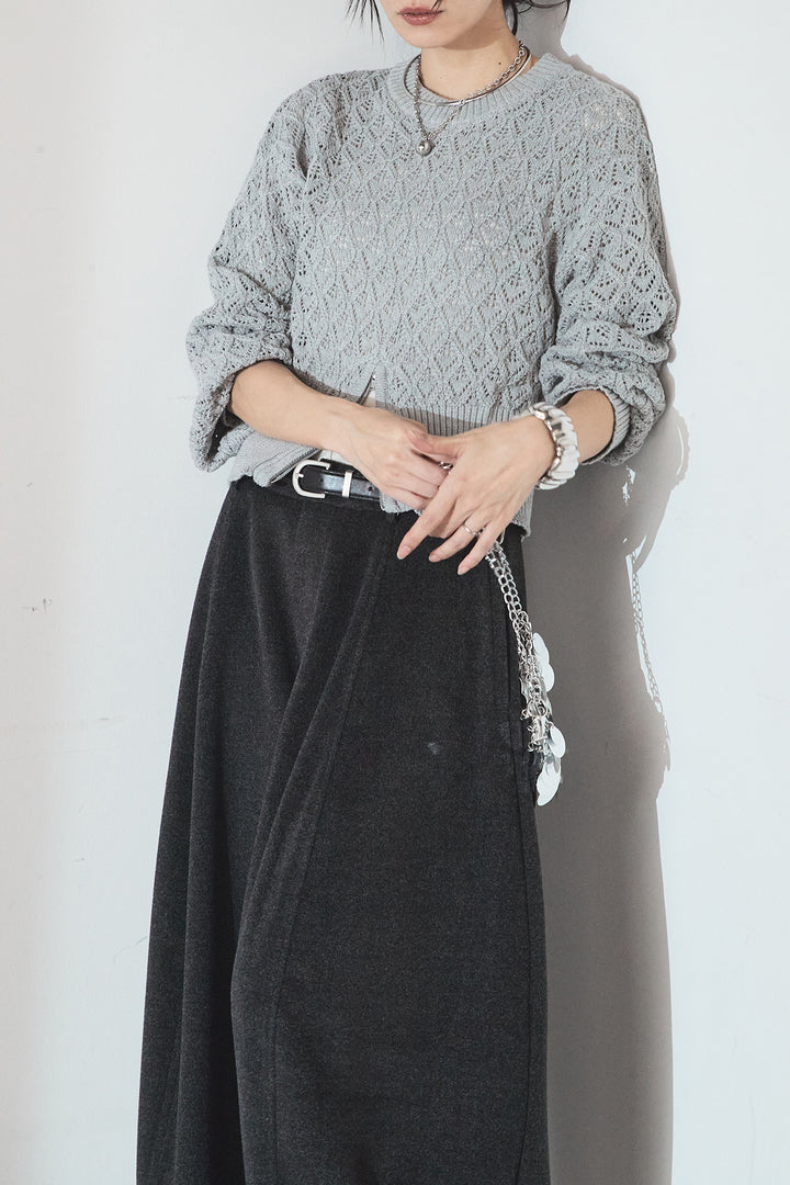 [SET]透かし編みニットジップスリットプルオーバー+ウールタッチカーブワイドパンツ(2set)