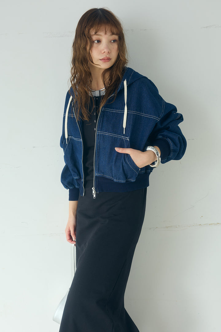 [SET]デニムダブルジップパーカーブルゾン+レイヤード見えヘンリーネックロングワンピース(2set)