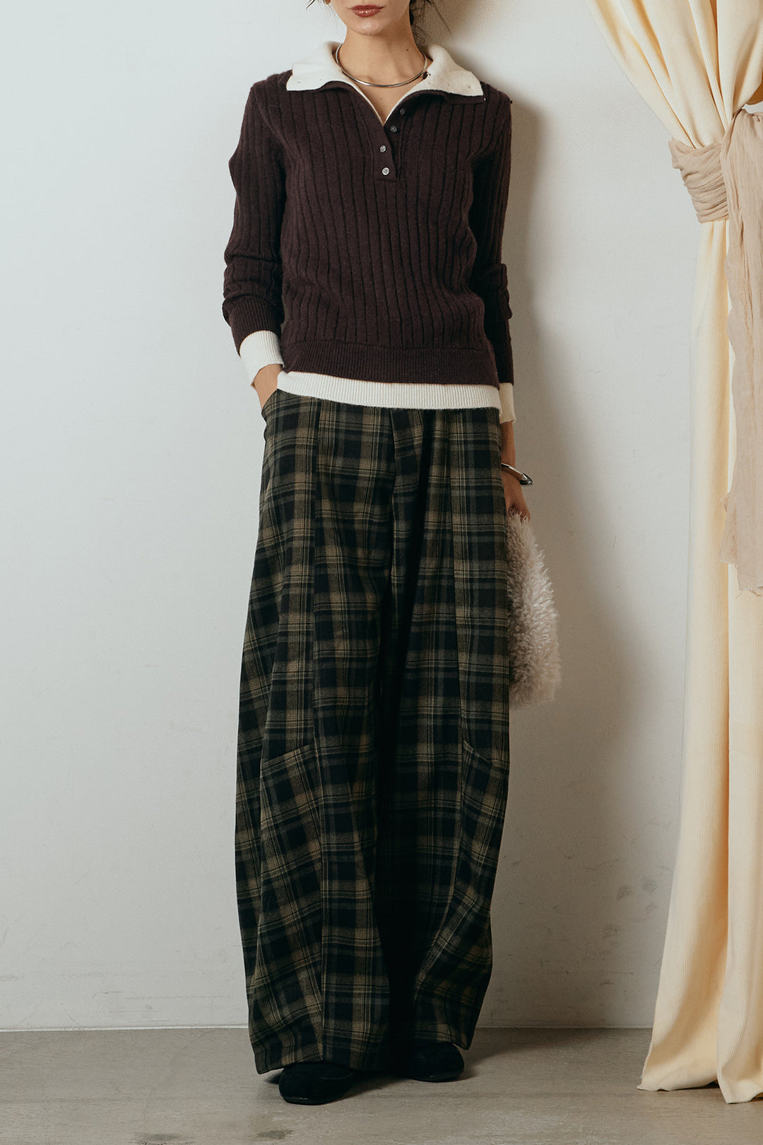 [SET]レイヤード風リブニットトップス+ベルト付きタータンチェックカーブワイドパンツ(2set)