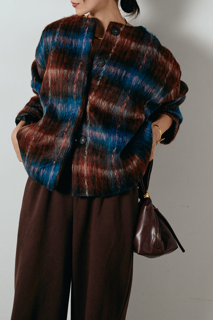 [SET]ノーカラーシャギーチェックアウター+裏起毛スウェットワイドパンツ(2set)