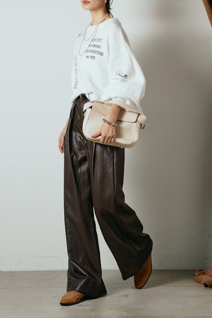 [SET]刺繍ロゴランダムデザインニットトップス+ベルト付きレザーライクタックパンツ(2set)