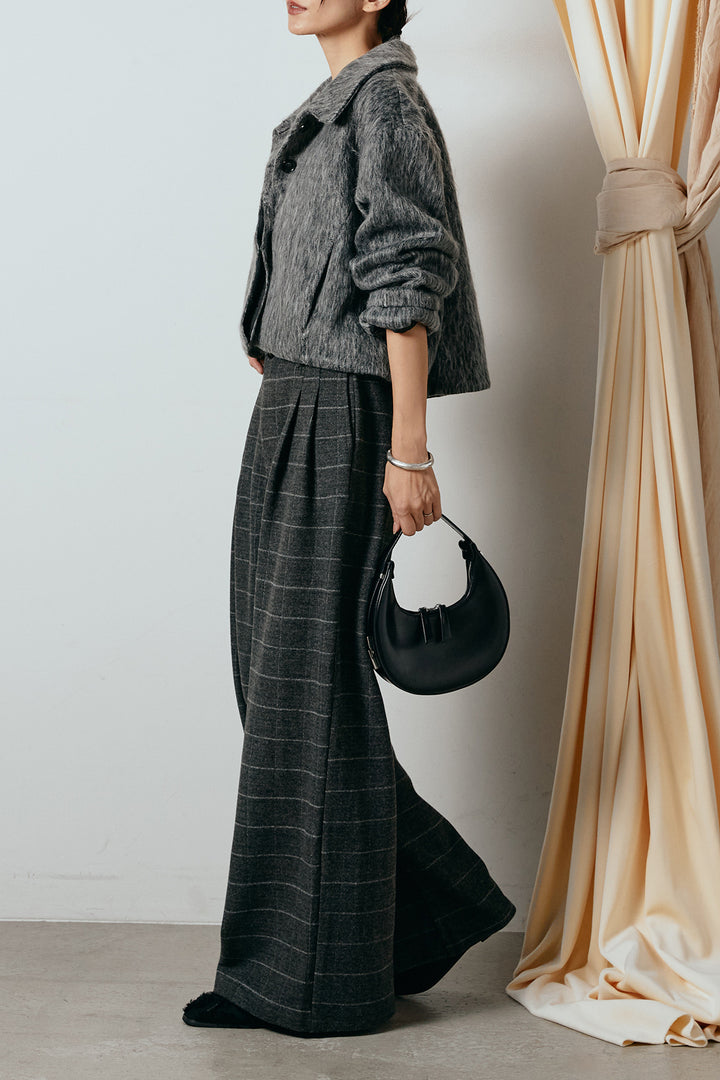 [SET]シャギーショートジャケット+スクエアチェック柄ワイドパンツ(2set)