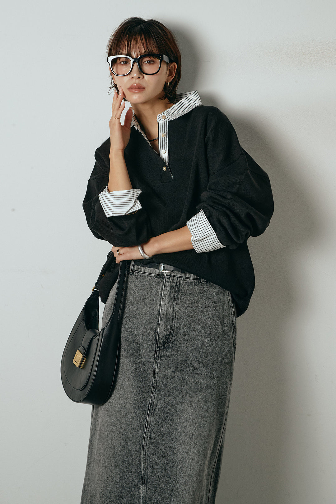 [SET]ストライプシャツドッキングポロトップス+デニムロングフレアスカート(2set)