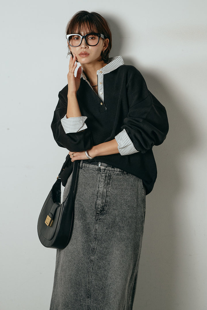 [SET]ストライプシャツドッキングポロトップス+デニムロングフレアスカート(2set)