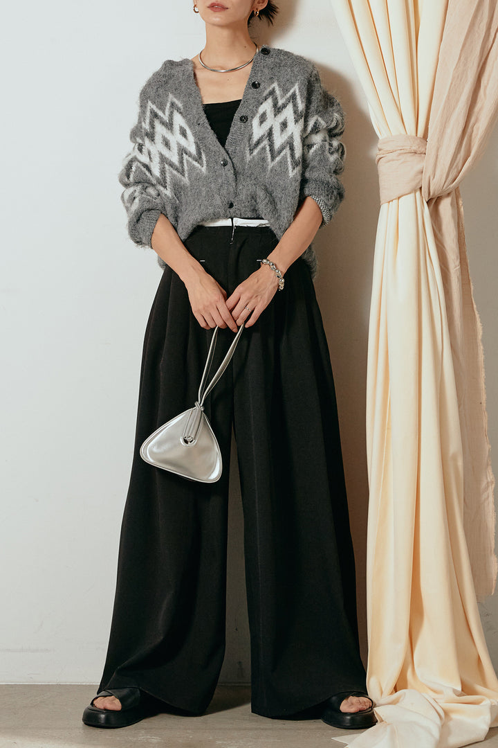 [SET]起毛ノルディック柄ニットカーディガン+ウエストステッチデザインワイドスラックス(2set)
