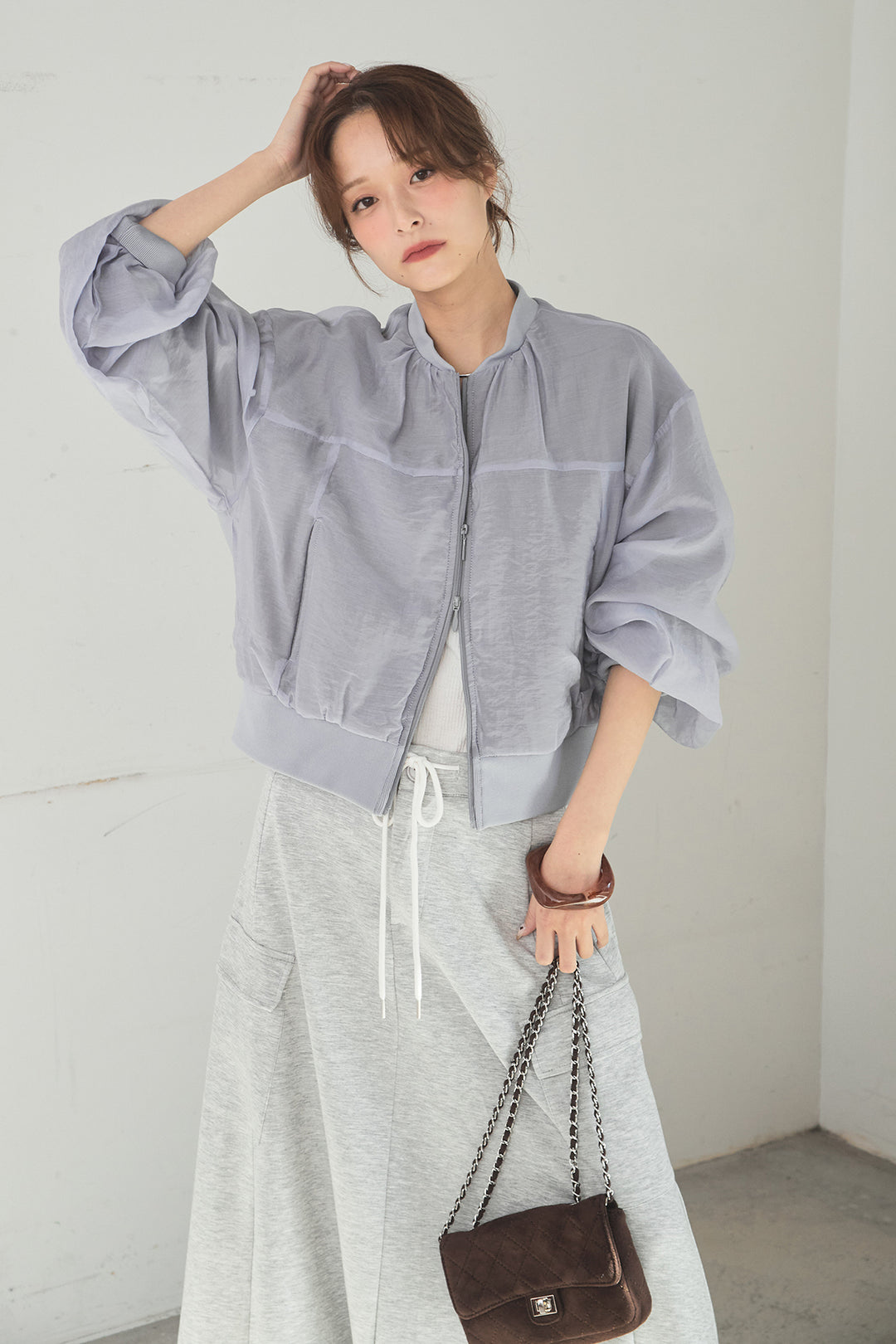 [SET]シアー×ポンチブルゾン+リラックススウェットスカート(2set)