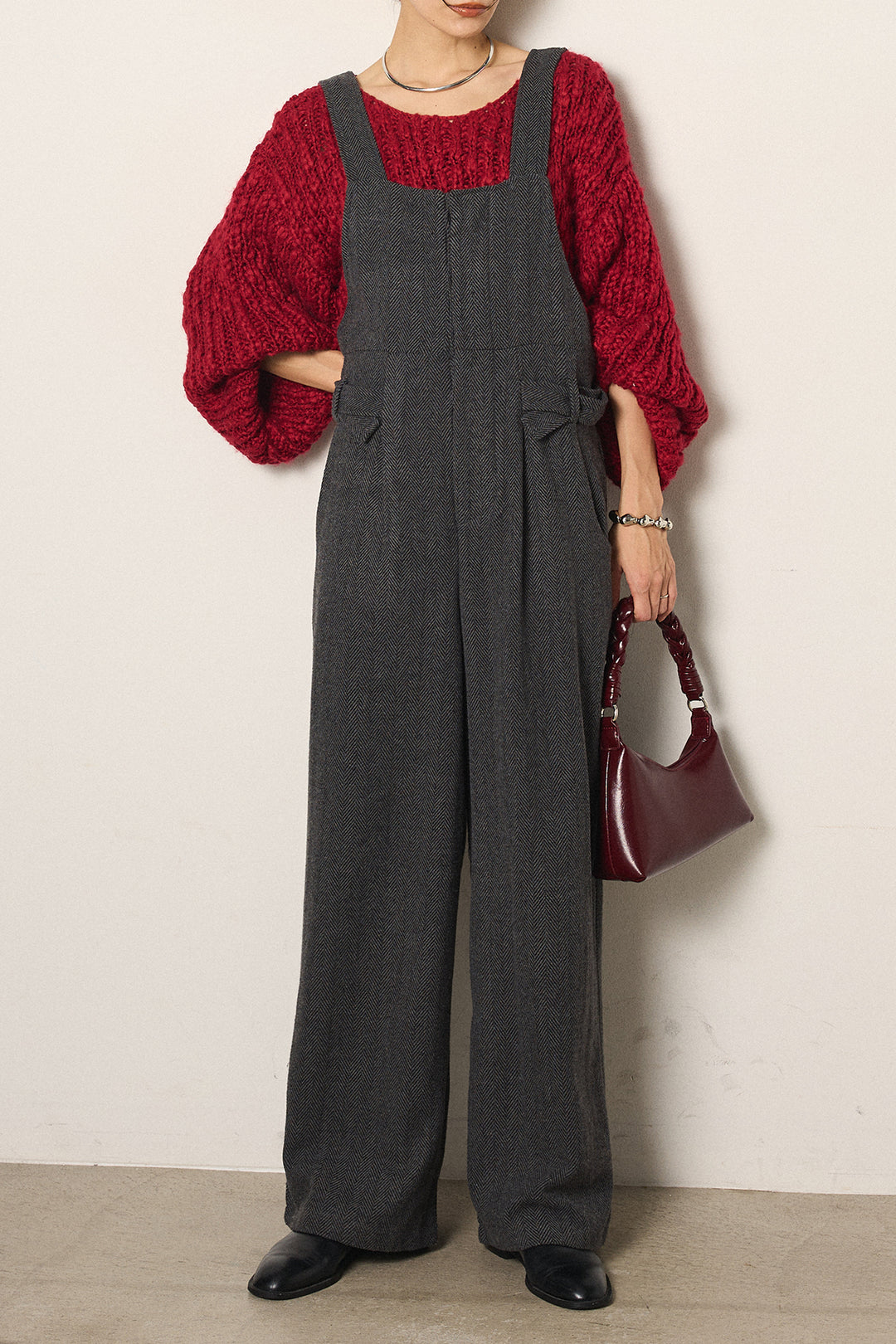 [SET]チャンキースラブニットクロップドプルオーバー+クラシックヘリンボーンサロペット(2set)