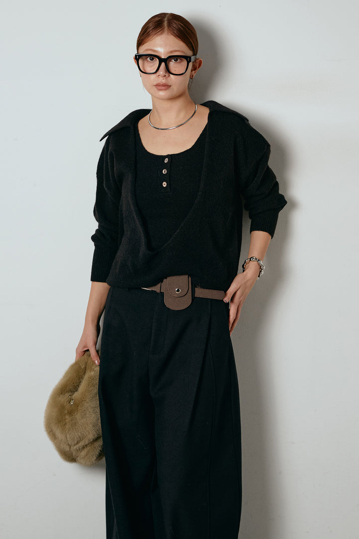 [SET]襟付きレイヤードニットトップス+ポーチベルト付きカーブパンツ(2set)