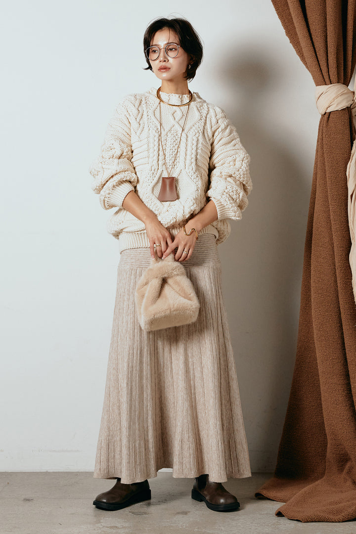 [SET]アラン柄ミックスケーブルニット+編み地切り替えフレアニットスカート(2set)