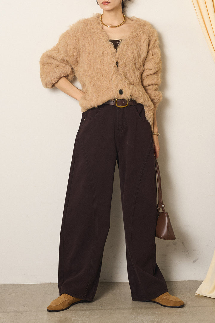 [SET]起毛シャギーニットカーディガン+ベルト付きカジュアルカーブワイドパンツ(2set)