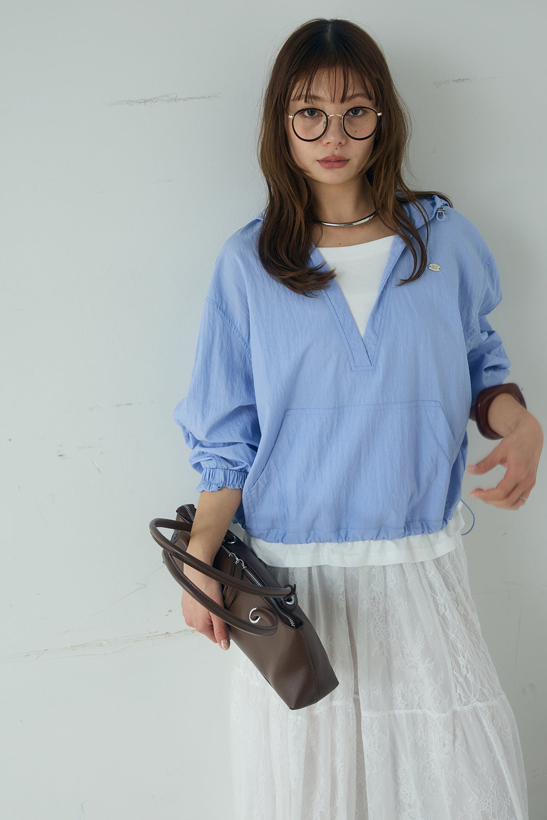 [SET]レイヤードデザインフーディートップス+ひげレース切替ロング丈スカート(2set)