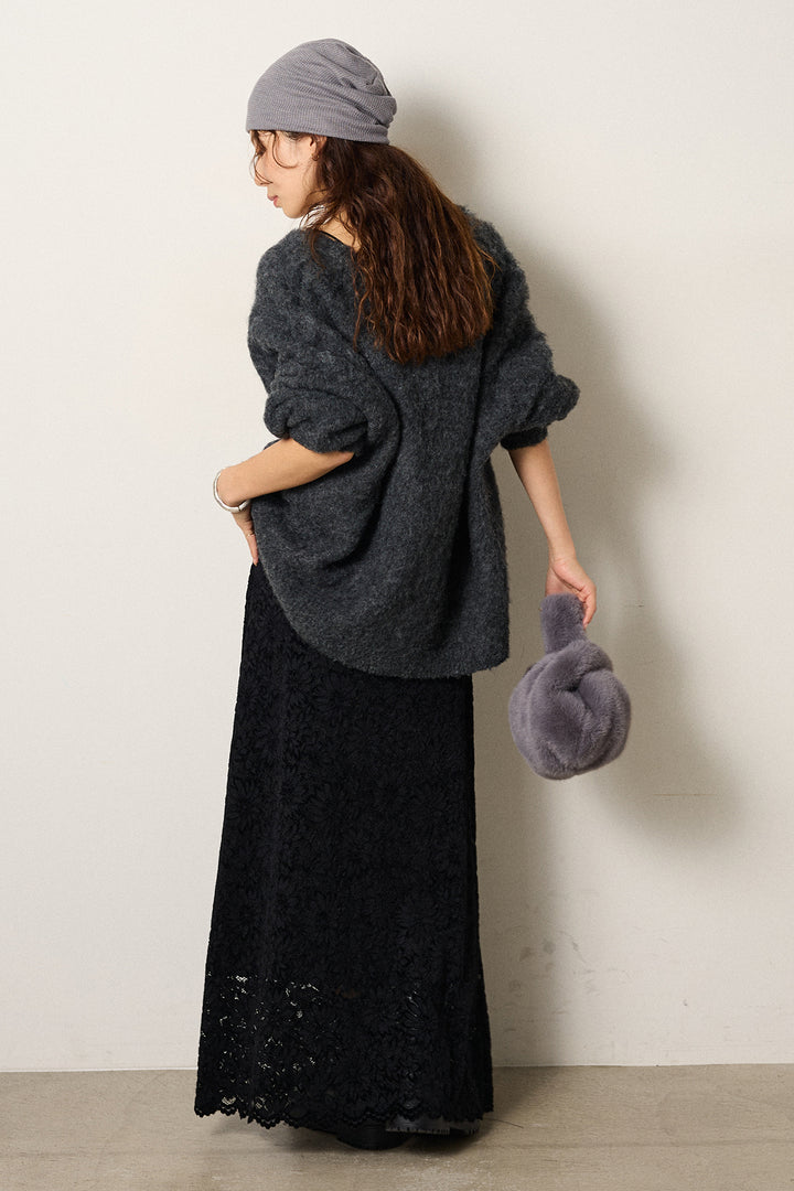 [SET]ウール混透かしロゴニットカーディガン+花柄刺繍ベロアフレアスカート(2set)